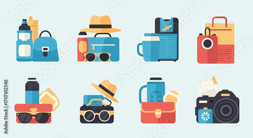 Travel Essentials Flat Icon Set for Vacation Planning