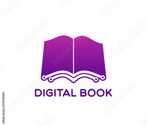 Digital book icon. Vector emblem featuring purple open book with circuit board lines, symbolizing modern technology, innovation or online learning education. Label combines reading and electronics