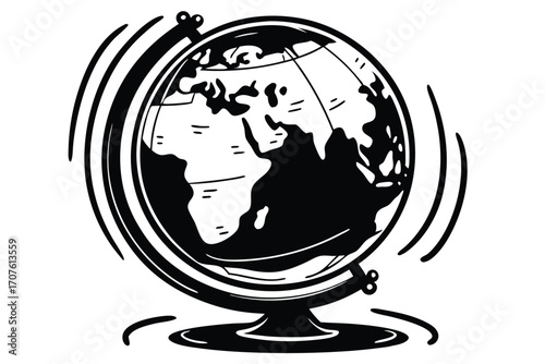 A stylish monochrome globe showcases geographic detail with a classic stand and meridian ring