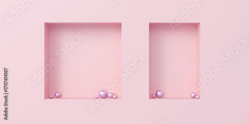 Pink wall 3d niches, shelves or showcases, vector room interior and product display stand. 3d realistic square and rectangular shape wall niches with pink spheres, studio or show room background