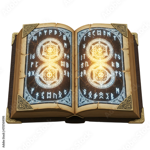 Magical Spellbook with Glowing Runes and Symbols isolated on a transparent background 