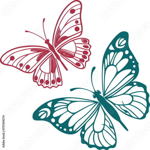 Two stylized butterflies, one red and one teal, with intricate wing patterns butterfly