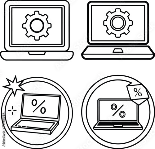 Set of  A computer screen displaying a gear icon and a checkmark representing successful system configuration technical setup or operational efficiency in a digital environment
