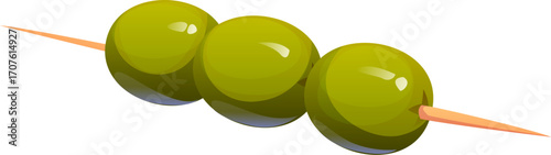 Cartoon green olives on wooden skewer depicting food cooking process and kitchen utensil. Three ripe green olives aligned on stick. Vector snack food, appetizer, Mediterranean cuisine garnish or tapas