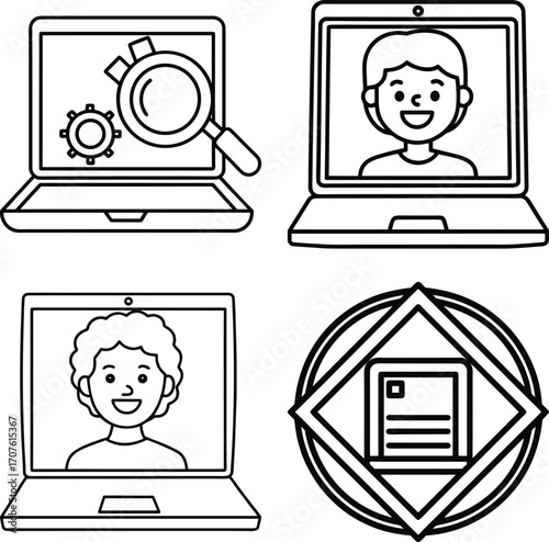 Set of  A computer screen displaying a gear icon and a checkmark representing successful system configuration technical setup or operational efficiency in a digital environment
