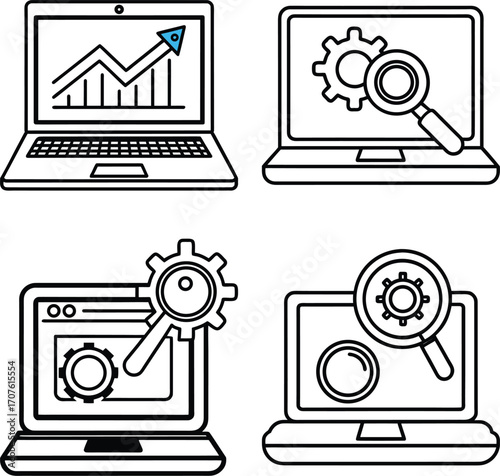 Set of  A computer screen displaying a gear icon and a checkmark representing successful system configuration technical setup or operational efficiency in a digital environment

