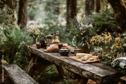 A forest clearing with a rustic picnic table. Tea, bread, and cheese are arranged with wildflowers. The mood feels earthy and wholesome, Generative AI 
