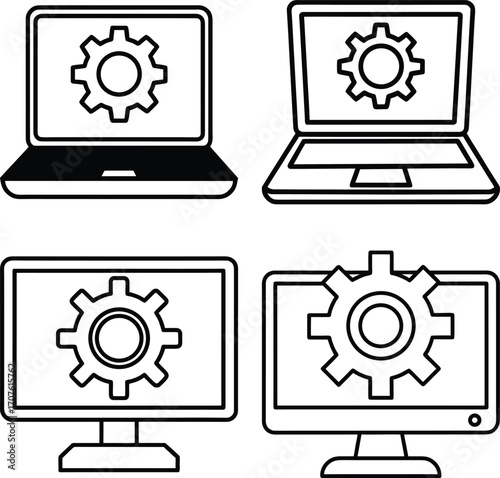 Set of  A computer screen displaying a gear icon and a checkmark representing successful system configuration technical setup or operational efficiency in a digital environment
