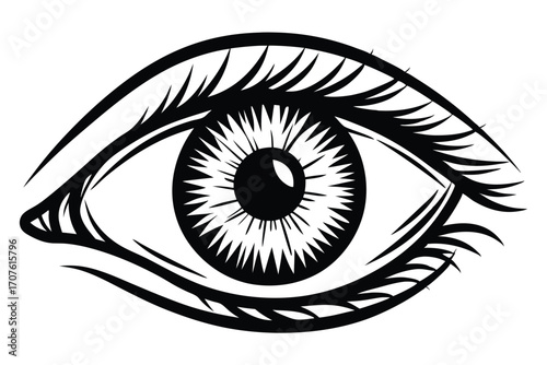 An abstract human eye with detailed eyelashes looks sharply in black and white