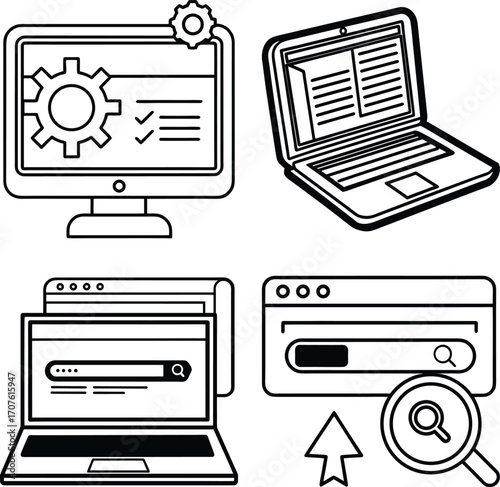 Set of  A computer screen displaying a gear icon and a checkmark representing successful system configuration technical setup or operational efficiency in a digital environment
