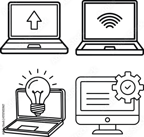 Set of  A computer screen displaying a gear icon and a checkmark representing successful system configuration technical setup or operational efficiency in a digital environment
