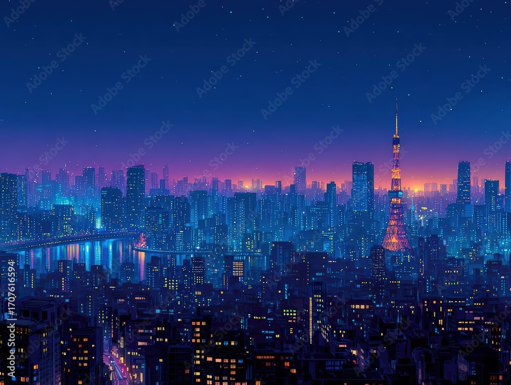 Fototapeta premium Birds-eye view, magical city skyline, sparkling midnight glow