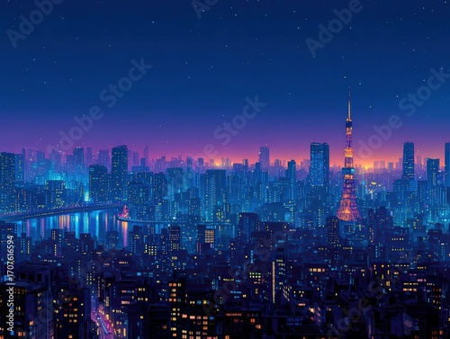 Birds-eye view, magical city skyline, sparkling midnight glow