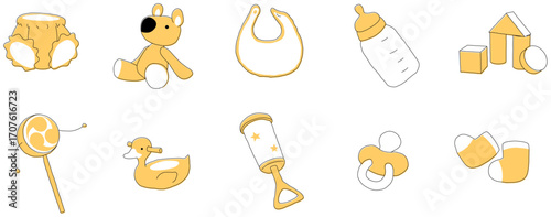 Set of ten yellow and white baby icons featuring diaper, plush bear, bib, bottle, blocks, lollipop, duck, rattle, pacifier, socks
おむつ、ぬいぐるみのクマ、よだれかけ、哺乳瓶、ブロック、キャンディ、アヒル、ガラガラ、おしゃぶり、靴下の黄色と白の赤ちゃんアイコン10点のセ