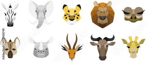 Set of ten African wildlife face icons including zebra, elephant, cheetah, lion, gorilla, hyena, rhinoceros, gazelle, wildebeest, giraffe
シマウマ、ゾウ、チーター、ライオン、ゴリラ、ハイエナ、サイ、ガゼル、ヌー、キリンの動物顔アイコン10点のセット
