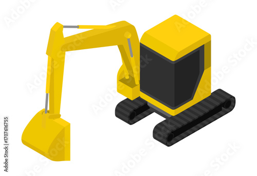 Yellow hydraulic excavator with black cab, continuous tracks, articulated boom, stick, digging bucket illustration
黒いキャブ、無限軌道、ブーム、アーム、バケットを備えた黄色の油圧ショベルのイラスト