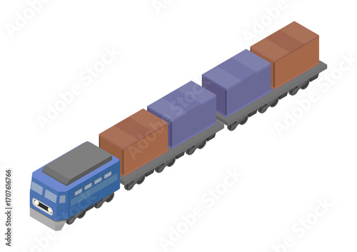 Isometric freight train with blue locomotive and three flatbed cars carrying brown and purple cargo containers illustration
青い機関車と茶色と紫の貨物コンテナを載せたフラットカー3両の等角貨物列車のイラスト