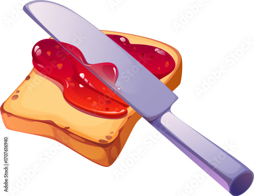 Cartoon slice of toast with strawberry jam being spread by a silver butter knife, featuring vibrant colors and glossy textures, representing cooking process, cook food and kitchen utensil