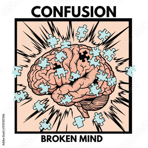 Minimalist Vector Illustration of Broken Brain with Puzzle Pieces in Organic Style