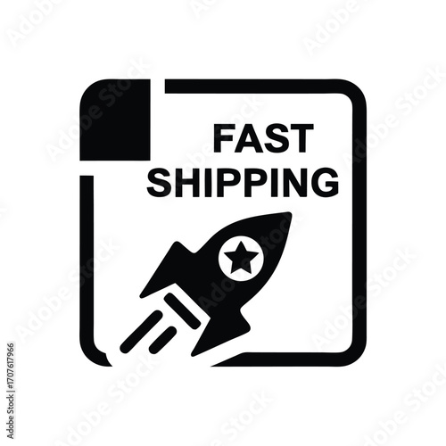 Black and white badge displays fast shipping message next to the rocket symbol