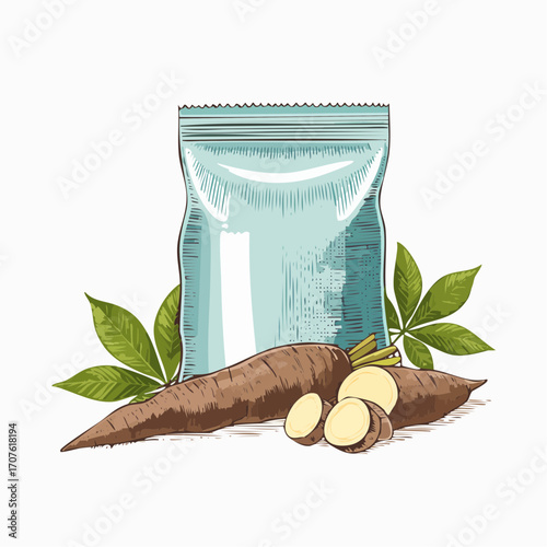 Fresh cassava roots and cassava flour packaged product, perfect for organic food and healthy eating concepts