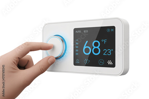 Hand adjusting modern thermostat to 68 degrees for home comfort