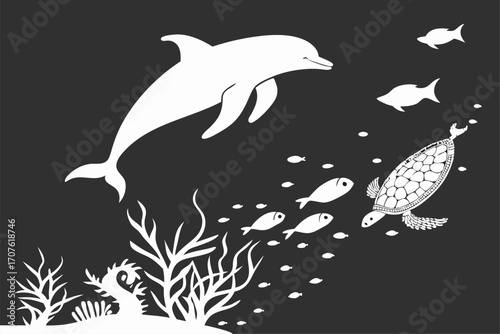 Marine Wildlife Black Silhouette Set