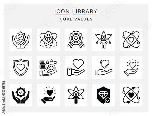 Core Values Icon Pack with Integrity, Teamwork, Innovation, Leadership, and Responsibility Symbols for Business, Education, and Marketing