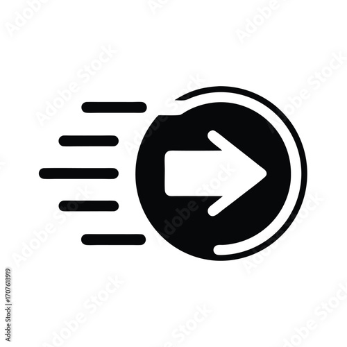 Black circle containing rightward facing arrow moves quickly with trailing motion lines