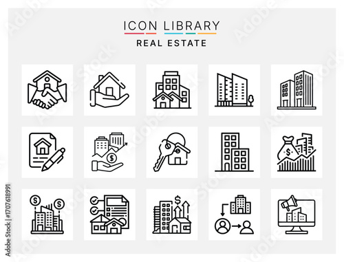 Real Estate Icon Pack with Buildings, Houses, Property Management, and Construction Symbols for Business, Architecture, and Marketing