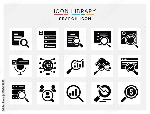 Search Icon Pack with Magnifying Glass, Analytics, Data Exploration, and Research Symbols for Technology, Marketing, and Business Use