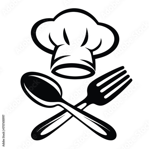 Black chef hat sits atop crossed fork and spoon, symbolizing culinary skills