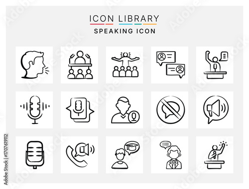 Speaking Icon Pack Featuring Communication, Public Speaking, Debate, Teamwork, and Conversation Symbols for Business and Education