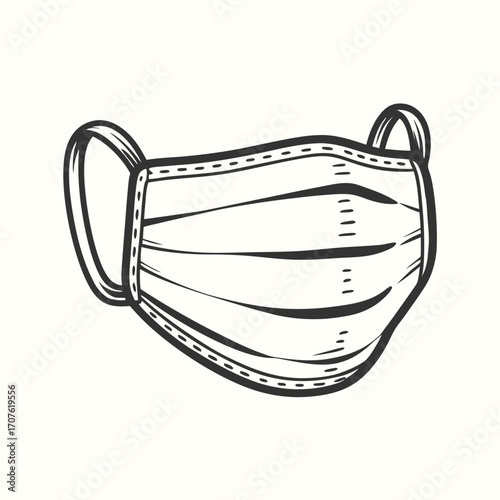 Black contoured lines depict a basic surgical face mask with ear loops for protection