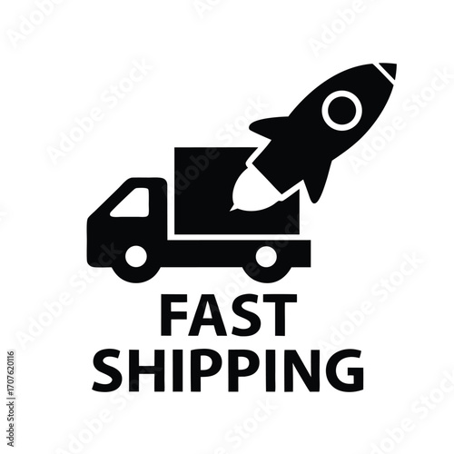 Black delivery truck combined with a rocket symbol represents very fast shipping options available now