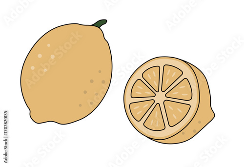 Fresh yellow lemon with sliced cross section citrus fruit for healthy food and beverage concept illustration