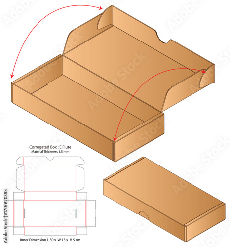 corrugated foldable Box  Layout Template with Die-Cut Flat Layout