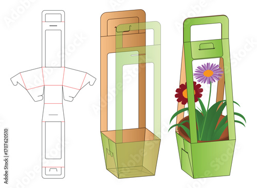 Printable Dieline Template for Flower Pot Packaging with Handle