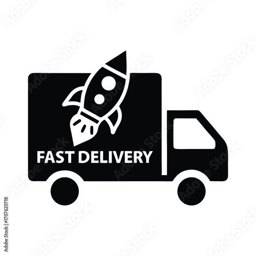 Black delivery truck transports with a rocket, advertising fast delivery for all customers