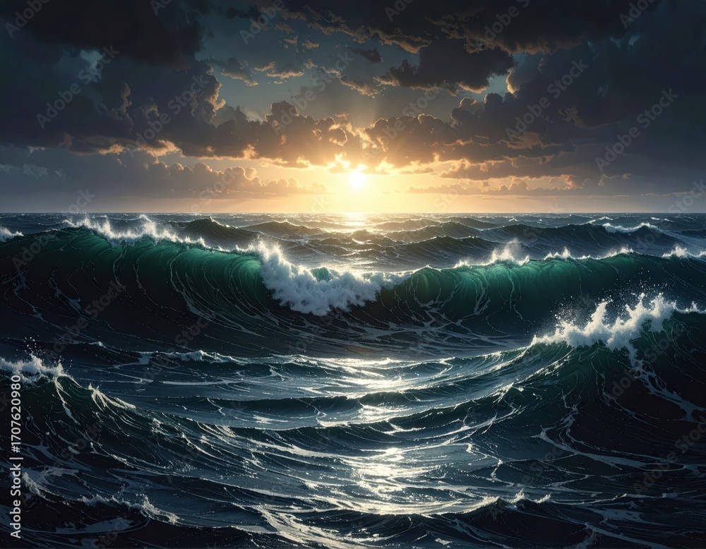 Fototapeta premium Dramatic sunset over a vast ocean, showcasing powerful waves crashing against the horizon.