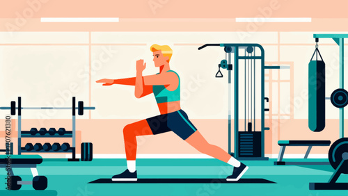 Doing warm-up exercises in the gym, hand-drawn vector illustrations