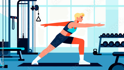 Doing warm-up exercises in the gym, hand-drawn vector illustrations