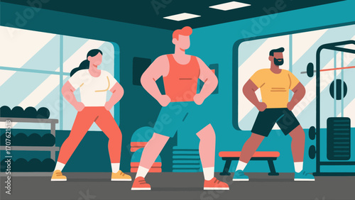 Doing warm-up exercises in the gym, hand-drawn vector illustrations