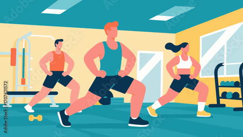Doing warm-up exercises in the gym, hand-drawn vector illustrations