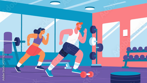 Doing warm-up exercises in the gym, hand-drawn vector illustrations