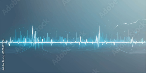 Abstract sound waves on a blue background illustrate a green and blue heart rate monitor displaying a cardiogram pulse