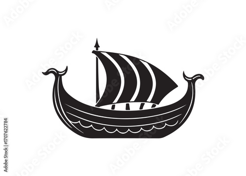 Stylized Black and White Viking Longship Illustration; Nautical, Dramatic, and Bold Graphic Design.