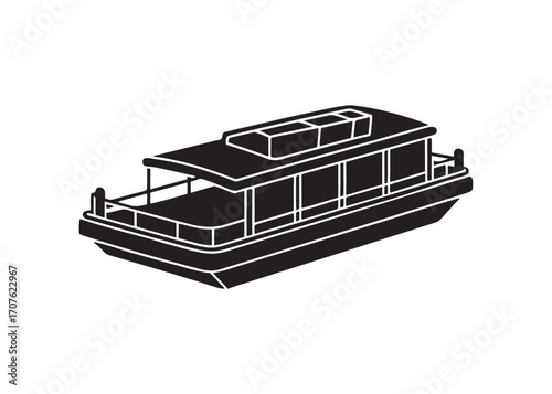 Black and White Silhouette of a Classic Passenger Boat, Simple Icon, Transportation Graphic.