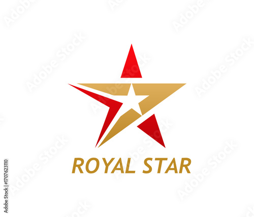 Gold star icon, vector golden and red starlet emblem with a white star silhouette cut out in the center. Vector label, corporate symbol of royal or high quality, prestige, success, and excellence