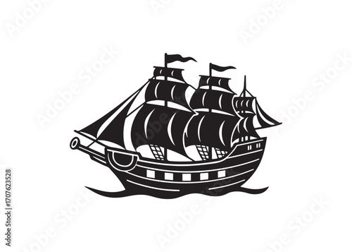 Black and White Vintage Galleon Ship Illustration; Nautical, Maritime,  Exploration Theme; Dramatic, Bold Graphic Design.